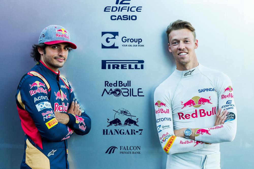 SPA, BELGIUM - AUGUST 25: Carlos Sainz of Spain with Daniil Kyvat of Russia both of Scuderia Toro Rosso during previews ahead of the Formula One Grand Prix of Belgium at Circuit de Spa-Francorchamps on August 25, 2016 in Spa, Belgium. (Photo by Peter Fox/Getty Images)